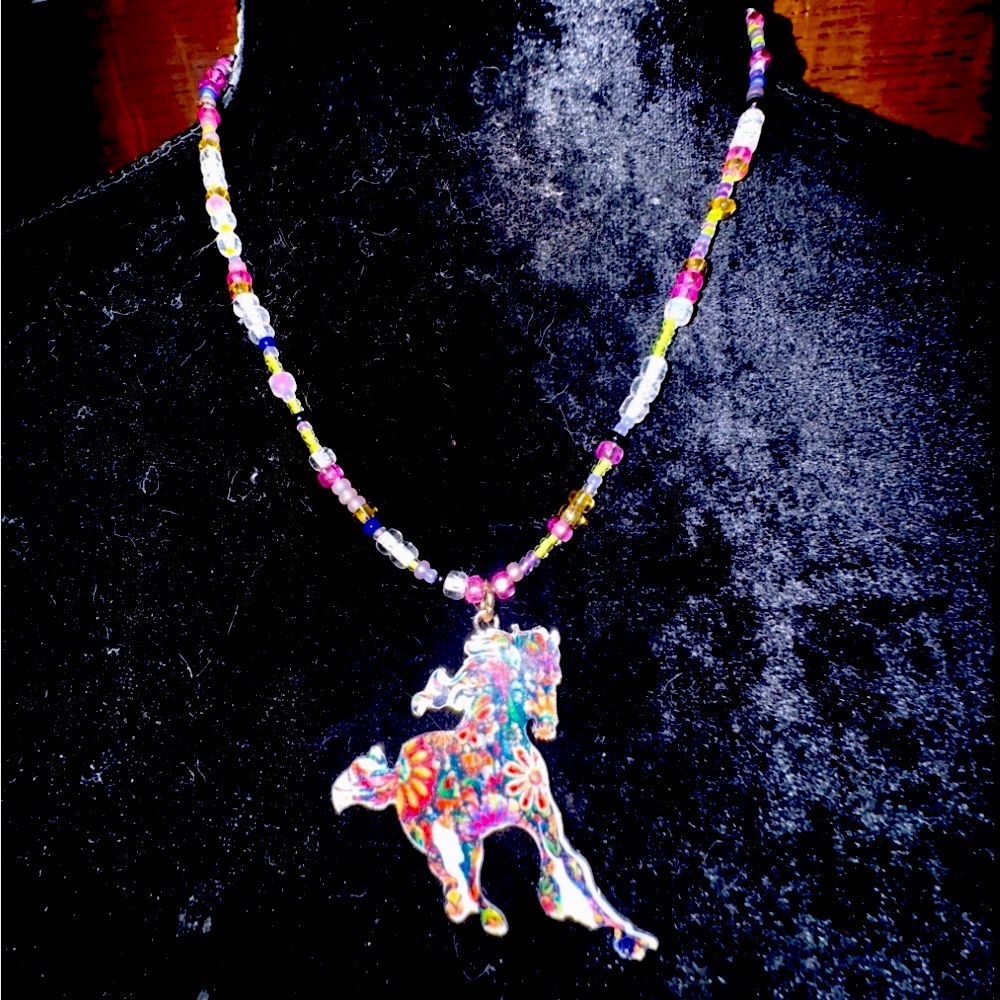 Wild & Free, Glass Beaded Silver, Multi Color Horse Pendant Necklace
